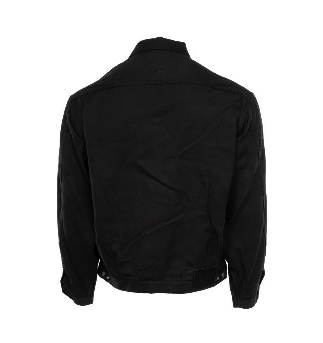 Image 2 of 3 - BLACK - VISVIM Trucket Jacket featuring snap flap chest pockets, snap closure, diamond shaped snaps, pleated front, button cuffs and zippered side seam pockets. 64% linen, 36% wool. Made in Japan. 