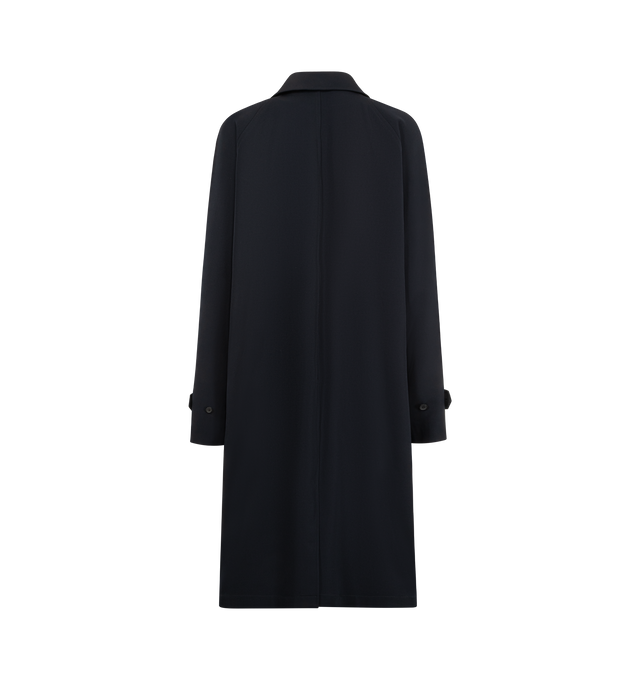 Image 4 of 5 - NAVY - THE ROW Dayton Coat featuring single-breasted car coat in smooth midweight wool gabardine with relaxed knee-length fit, raglan construction, slant welt pockets, and concealed front placket with button closure. 100% wool. Lined in 100% silk. Made in Italy. 