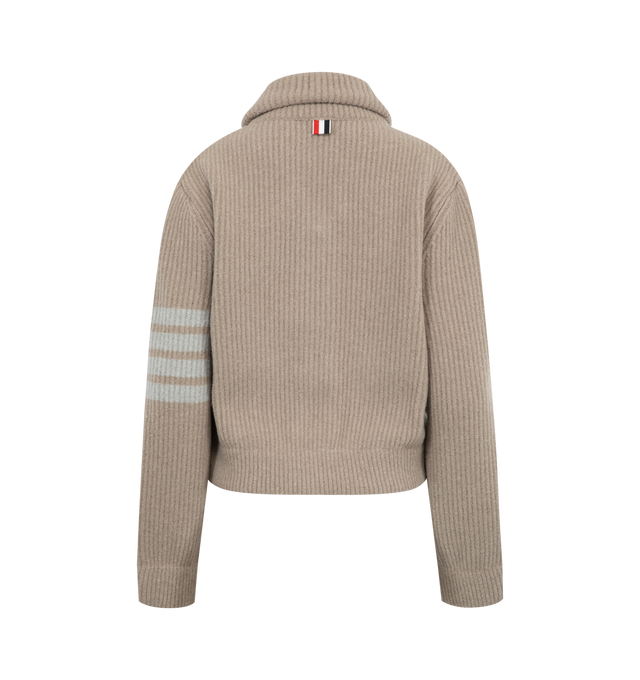Image 2 of 2 - BROWN - THOM BROWNE Boiled Merino Wool Jacket featuring rib-stitch collar, front button closure, 4-bar detailing, 2 front button pockets and signature striped grosgrain loop tab. 100% virgin wool. Made in Italy. 