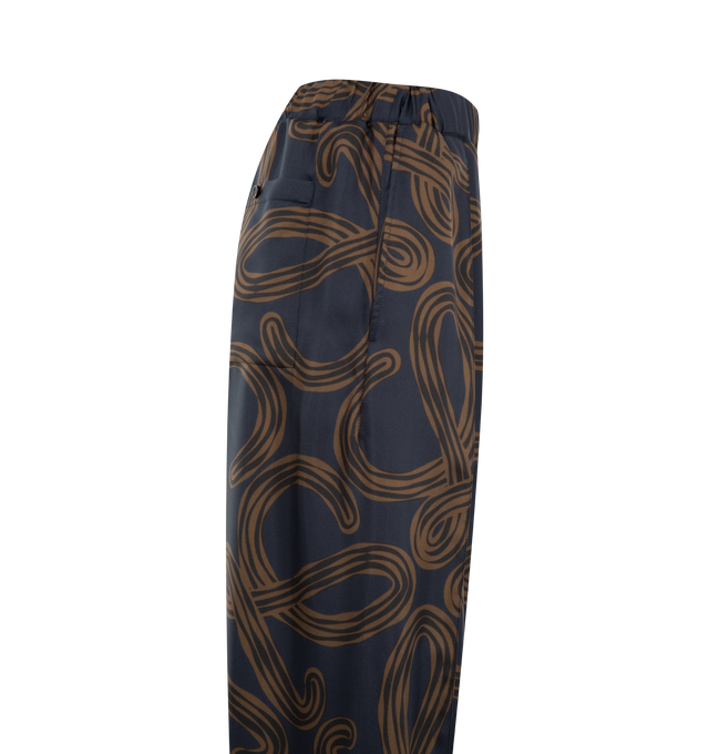 Image 3 of 3 - NAVY - LOEWE PAULA'S IBIZA Elasticated Trousers in lightweight printed silk twill featuring folded pleats at the front, an allover Anagram print, relaxed fit, regular length, mid waist, wide leg, elasticated drawstring waist and slash pockets, buttoned rear patch pocket. Silk. Made in Italy. 
