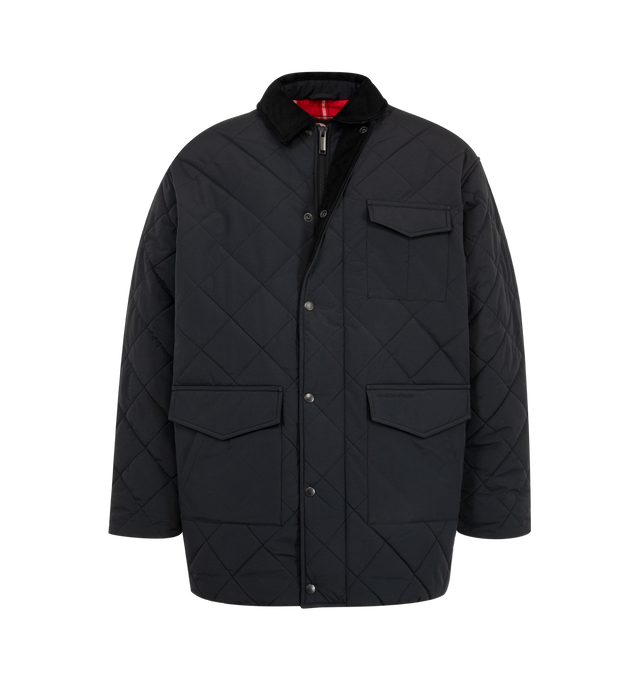 Image 3 of 3 - BLACK - Canada Goose Terra Coat is crafted from durable two-layer woven nylon with windproof and water-repellent properties for protection in cold, changing conditions. Designed with an intentionally oversized fit and mid-thigh length for easy layering and added coverage, this designer coat features contrasting corduroy at the collar and cuffs, a zip-front closure concealed by a snap-button placket, and multiple functional pockets throughout. Main Material: 100% Recycled Polyamide. Fill: 100% 