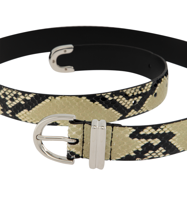 Image 2 of 2 - NEUTRAL - KHAITE Bambi Skinny Belt featuring snake print, punch hole detailing, a silver buckle, rounded tip and embossed logo on the inner. 100% calfskin. Made in Italy. 