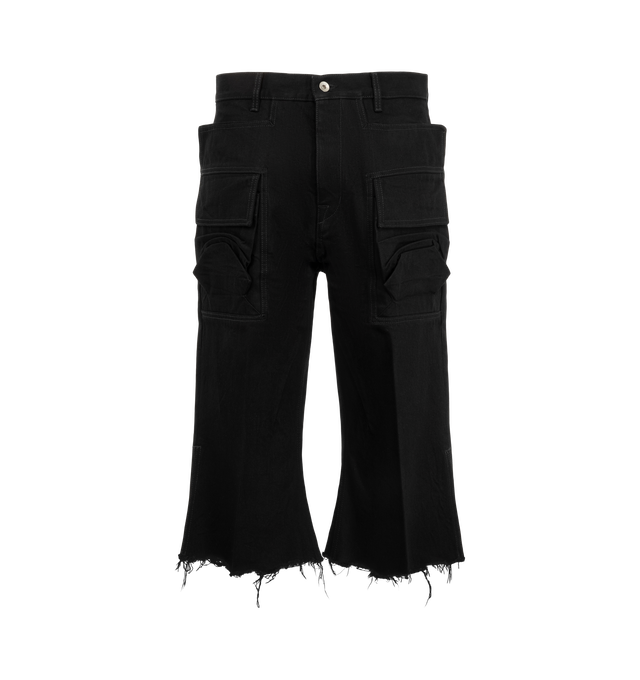 Image 1 of 3 - BLACK - Rick Owens Men's Cargo Bolan Cutoffs are crafted from 16 oz Japanese selvedge denim and feature a high-rise waist, slim fit, knee-length raw-cut hems, side slits, and an applied cargo pocket at the upper thigh. Designed with a concealed button fly, belt loops, pocket rivets, rear patch pockets, crotch whiskering, and pressed front and back leg creases, this style combines utility-inspired detailing with a streamlined silhouette. Main Material: 100% Cotton. Pocket Lining: 52% Polyester 