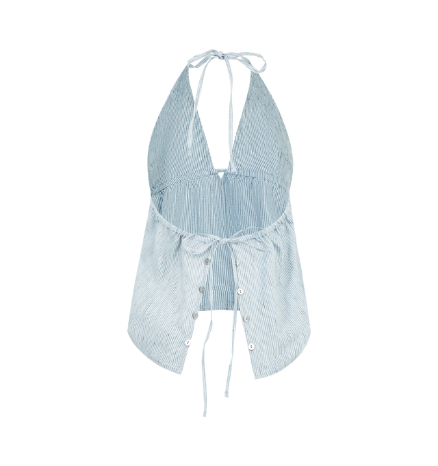 Image 2 of 2 - BLUE - DEIJI STUDIOS Button Halter featuring relaxed halter top, v neckline, exposed drawcord front, adjustable backline with drawcord tie closure and silver button detail on split back. 100% organic cotton poplin. 