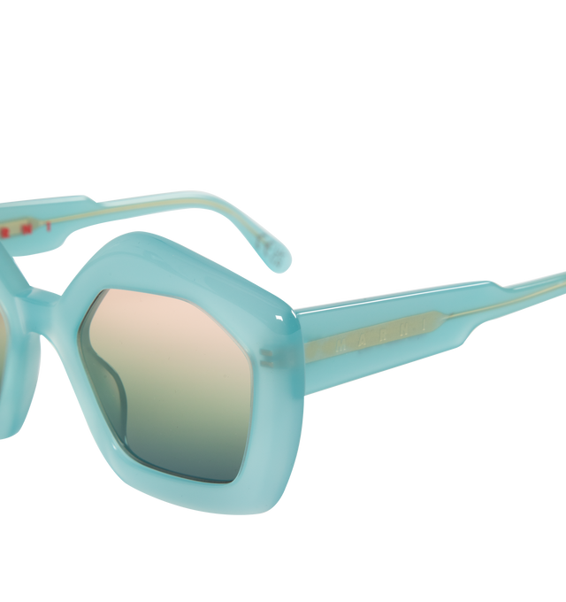 Image 3 of 3 - BLUE - MARNI SUNGLASSES LAUGHING WATERS featuring oversize frame, yellow tinted lenses, gold-tone logo lettering, straight arms and curved tips. 