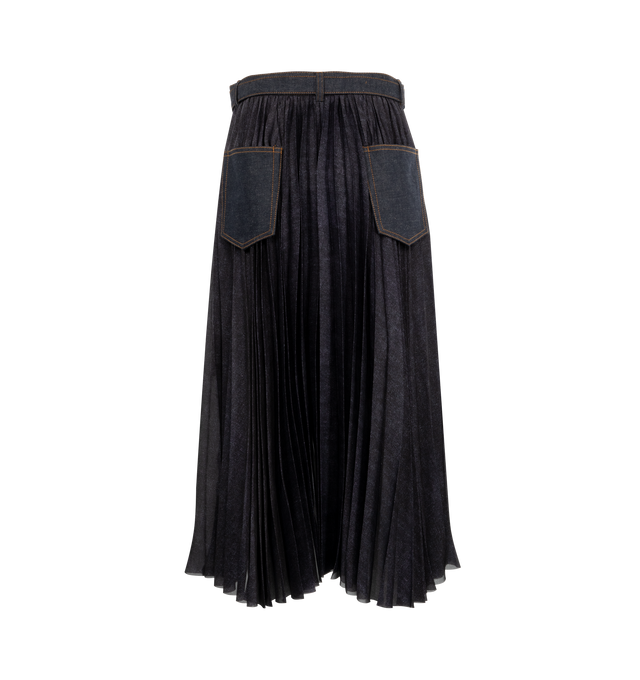 Image 2 of 2 - BLUE - SACAI Denim Skirt featuring belt loops, tone-on-tone belt, button closure and concealed flap zipper, five-pocket style, front split, semi-transparent fabric at the back and pleating. 100% cotton. Made in Japan. 