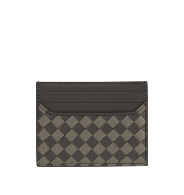 Image 1 of 3 - BROWN - BOTTEGA VENETA Intrecciato Credit Card Case featuring color block intrecciato leather card case, six card slots and one central pocket. Calfskin. 3.1" x 4.1" x 0.2". Made in Italy. 