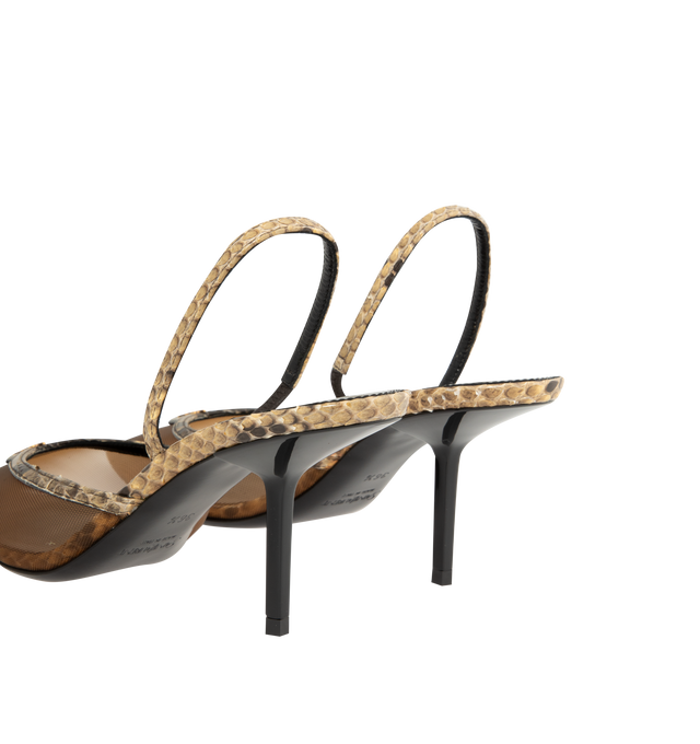 Image 3 of 4 - BROWN - Saint Laurent Women's Slingback Pumps are crafted from semi-sheer mesh with python trim and feature a pointed-toe silhouette accented by the iconic Cassandre hardware. Designed with an elasticized slingback strap, low stiletto heel, leather sole, and a Saint Laurent-engraved metal plaque on the insole for an elegant and refined finish. Main Material: 70% Polyamide, 30% Python. Lining: Calf Leather. Sole: Calf Leather. Heel Height: 7.5 cm / 75mm . Made in Italy. 