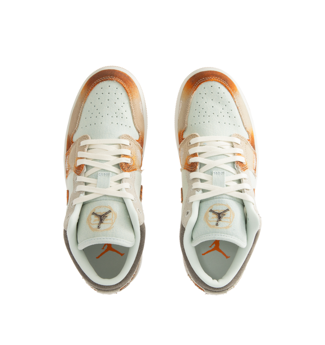 Image 5 of 5 - MULTI - JORDAN Air Jordan 1 Low SE Sneaker featuring fabric panels with frayed edges and distressed details, paint-like splatters, shimmering Wings logos on the heel, metallic Jumpman branding on the tongue, low top and gum outsole. 