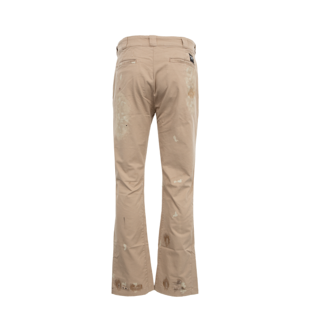 Image 2 of 3 - BROWN - GALLERY DEPT. Rico Chino Flare Pants featuring slim fit along the leg, mid-rise, flared hem, logo stamp above the right pocket, distressing throughout and chocolate chip camo print lining. 100% cotton twill. 