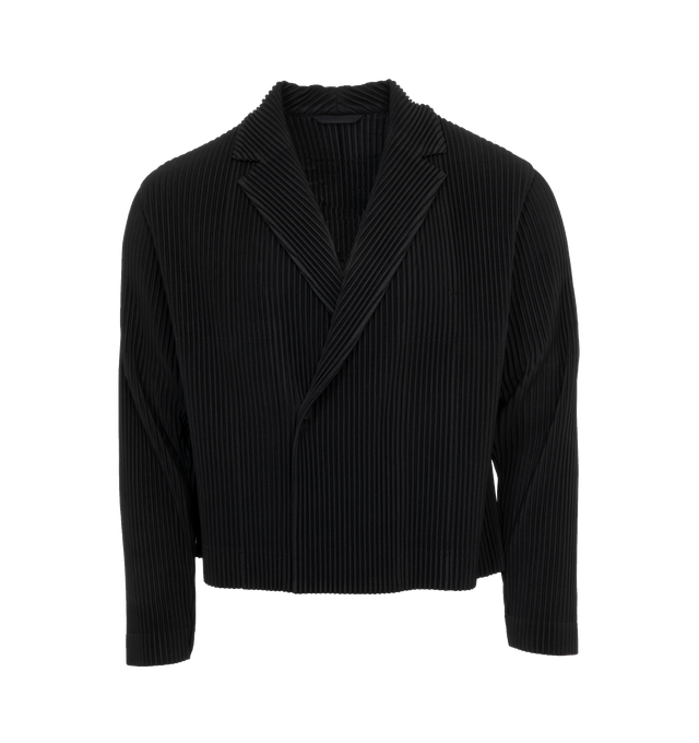 Image 1 of 3 - BLACK - ISSEY MIYAKE Tailored Pleats 2 Blazer featuring notched lapel, button closure, seam pockets, single-button surgeon's cuffs, central vent at back hem and partial satin lining. 100% polyester. Made in Philippines. 