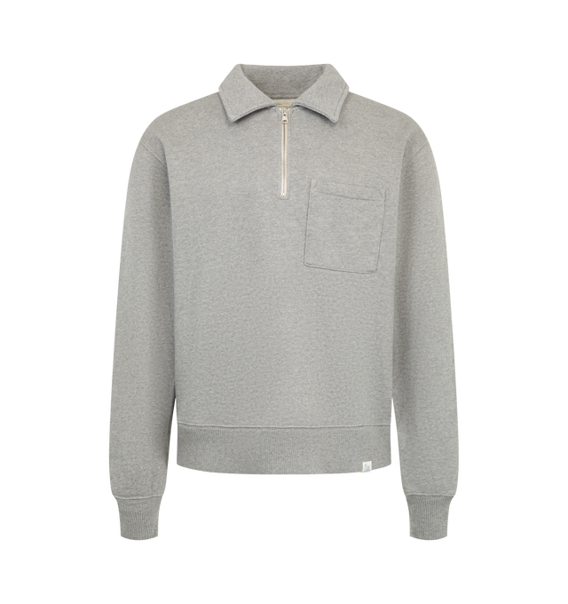Image 1 of 2 - GREY - Merz b. Schwanen Men's Authentic Fleece Polo Collared Half-Zip Sweatshirt is crafted from organic cotton Authentic Fleece and features a polo collar, metal half-zip closure, chest pocket, and signature triangular underarm inserts.  Main Material: 100% Organic Cotton.  