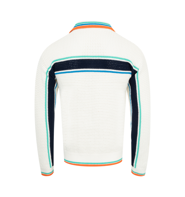 Image 2 of 2 - MULTI - Casablanca crochet tennis shacket is a long-sleeved textured design crafted from a crochet organic cotton fabric and features the house's signature diamond logo. Completed with a rib collar, cuffs, hem and placket, front patch pockets, signature gold rim pearl buttons, front button closure, and aqua, blue and white stripe detail across the chest, back, and down the sleeves, with contrast edge detail on the cuffs, hem and collar. 100% cotton.  