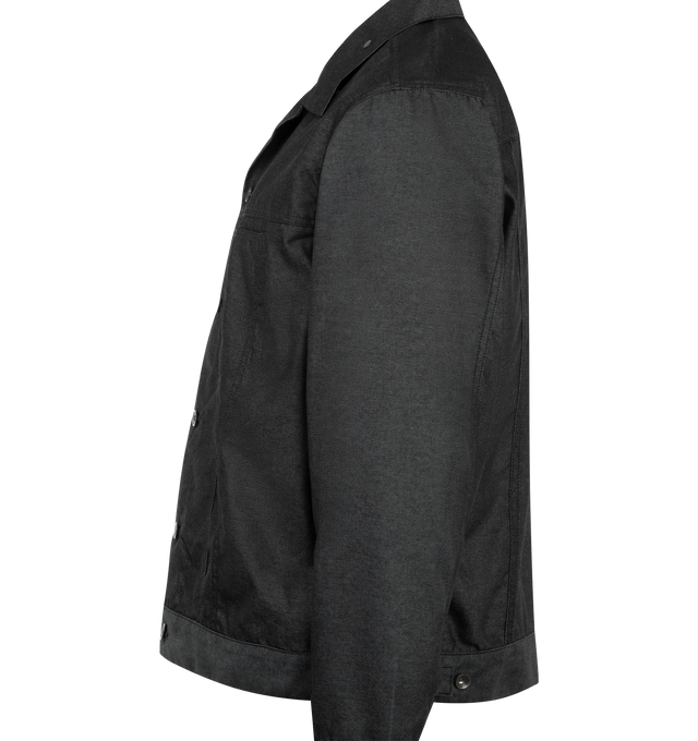 Image 3 of 3 - BLACK - ENGINEERED GARMENTS Type 5 Jean Jacket featuring front button closure, chin strap button closure, two front welted pockets, adjustable button cinch on the waist, adjustable button cuffs and relaxed fit. 100% polyester. Made in USA. 