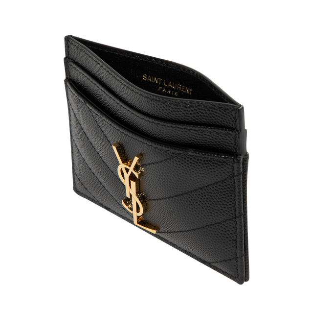 Image 2 of 3 - BLACK - SAINT LAURENT Cassandre Card Case featuring card holder made with metal-free tanned leather, decorated with cassandre, quilted overstitching, gold-toned metal hardware, five card slots and leather and grosgrain lining. 4.1 x 3 x 0.2 inches. Made in Italy. 