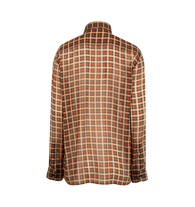 Image 2 of 2 - BROWN - SAINT LAURENT Vichy Silk Shirt featuring semi-sheer loose-fit shirt with a pointed collar and removable tie, drop shoulders, concealed front button closure, one-button mitered cuffs with concealed one-button placket and straight hem. 100% silk. Made in Italy. 