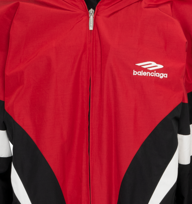Image 3 of 3 - RED - BALENCIAGA Tracksuit Jacket featuring paneled construction, designed to be worn off the shoulder, double-ended zip fastening, 2 zipped slash pockets, elasticated cuffs and waistline and 3B sports icon artwork embroidered at chest and back. 52% cotton, 48% polyamide. Made in Italy. 