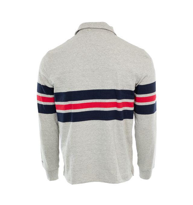 Image 2 of 3 - GREY - NOAH Pitch Practice Top featuring engineered stripes, rib knit, v-neck, collar and rib knit cuffs. 100% cotton. Made in Canada.  