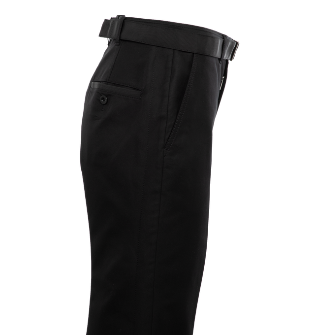 Image 4 of 4 - BLACK - SACAI Cotton Gabardine Pants featuring concealed front hook and zip closure, includes matching adjustable belt and two side pockets. 63% cotton, 37% polyester. Made in Japan. 
