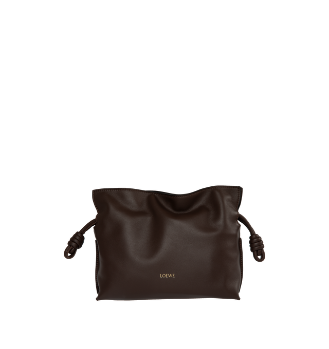 BROWN - LOEWE Flamenco Mini Napa Drawstring Clutch Bag featuring suede lining, coiled knot drawstring and hidden magnetic closure. 7"H x 9.4"W x 3.5"D. Convertible shoulder strap: 11 1/2" 23 1/2" drop. Nappa calf. Made in Spain.