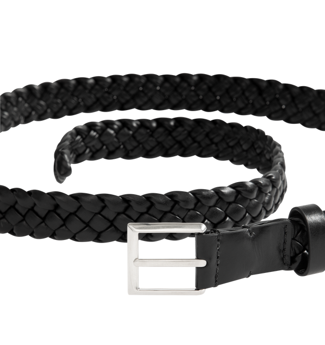 Image 2 of 2 - BLACK - Bottega Veneta Belt in Intreccio calf leather with silver-tone metal buckle.  Reversible style, 2cm high with calf leather lining and prong closure. Made in: Italy. 