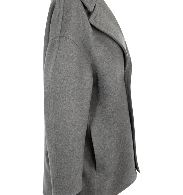 Image 3 of 3 - GREY - Loewe Women's Coat in medium-weight wool featuring a cocoon silhouette with exaggerated lapels. Relaxed fit, short length, single-breasted with button front fastening, seam pockets and LOEWE Anagram embossed leather patch placed at the back. Made in Italy. 