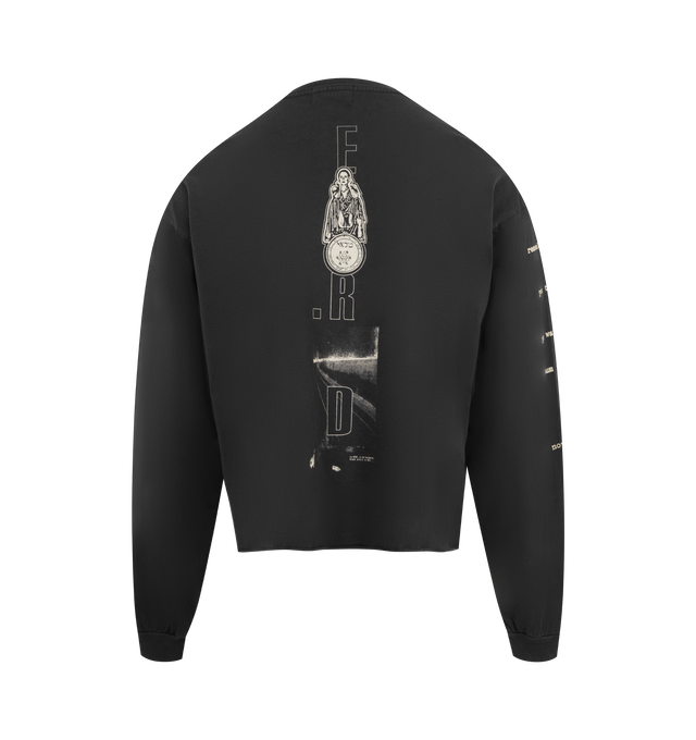 Image 2 of 3 - BLACK - ENFANTS RICHES DEPRIMES Living Altar Long Sleeve T-Shirt featuring heavyweight cotton jersey, a boxy, cropped fit with a rib knit neckline and cuffs, a raw hem, and printed artwork at the front, back, and right sleeve. 100% cotton. Made in the USA. 