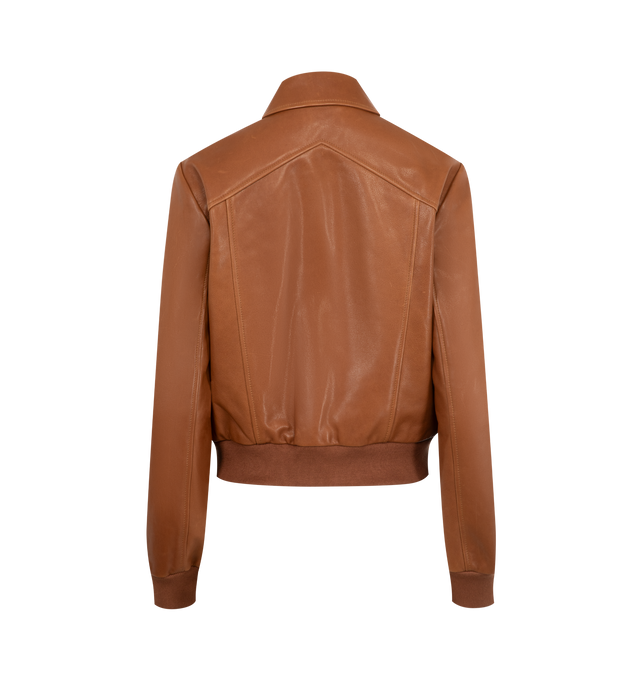 Image 2 of 3 - BROWN - NILI LOTAN Sue Leather Bomber Jacket featuring ibbed trim at cuffs and bottom, zip front closure, classic collar and zip front pockets. 100% leather.  