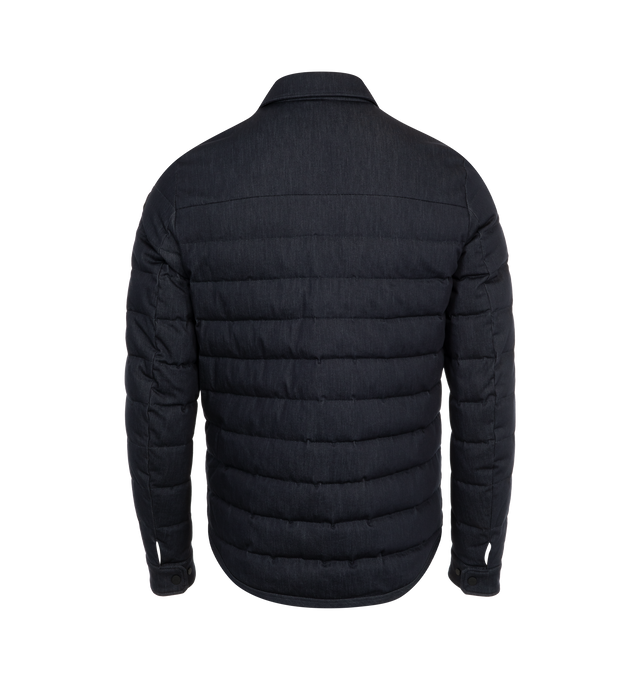 Image 2 of 3 - NAVY - Moncler Mirmandix Short Down Jacket has a spread collar, a 2-way zip front closure with a press stud placket, side pockets, chest patch pockets, silver-tone hardware, and a leather logo patch. Lined. Down and feather fill. 100% polyester. Made in Romania. 