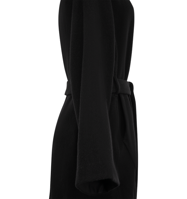 Image 3 of 4 - BLACK - Rick Owens Women's Dagger Robe is crafted from virgin wool and features a relaxed, draped silhouette with a deep cowl neckline. Designed with wide bell sleeves, a self-tie waist belt, two front pockets, and a midi-length hem for an elegant, fluid shape. Main Material: 100% Virgin Wool. 
