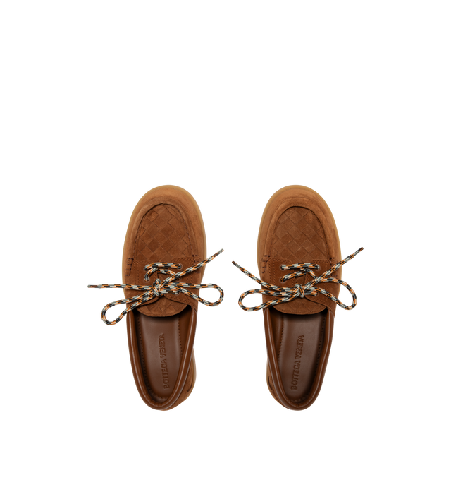 Image 4 of 4 - BROWN - Bottega Veneta Mens Suede Boat Shoes are crafted from rugged suede. Feature an Intrecciato suede vamp, leather lining, and durable rubber outsole. Upper: Suede; Lining: Calfskin; Outsole: Rubber. Made in Italy. 