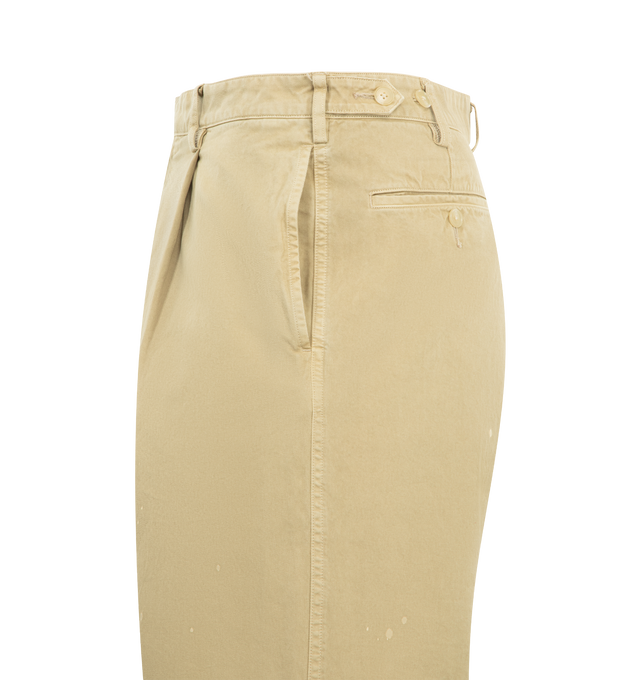 Image 3 of 3 - BROWN - AURALEE Finx Light Chino One-Tuck Wide Pants featuring wide fit, single front tuck, lightweight Finx cotton, garment dyed, button zip closure and distressing thorughout. 100% cotton.    