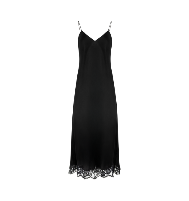 Image 1 of 2 - BLACK - THE ROW Kolara Dress featuring mid-length camisole dress in bias-cut silk satin with relaxed v-neck and lace-trimmed hem. 100% silk. Made in Italy. 