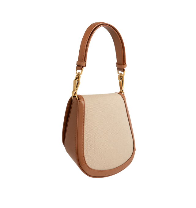 Image 2 of 3 - BROWN - SAINT LAURENT Voltaire Top Handle Bag in canvas featuring top-handle badecorated with the cassandre, an adjustable handle for hand or shoulder carry, suede lining, bronze-toned hardware, magnetic snap closure and one flat pocket. 6.9" x 8.3" x 3.1". Handle drop: 5.59.3". Calfskin, cotton, brass. Made in Italy. 