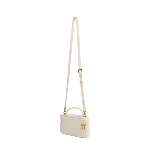 WHITE - SAINT LAURENT Gaby Mini Vanity Bag featuring zip closure, one card slot, diamond quilted overstitching, leather top handle and detachable strap. 7.1" X 4.3" X 2.6". 100% lambskin.  