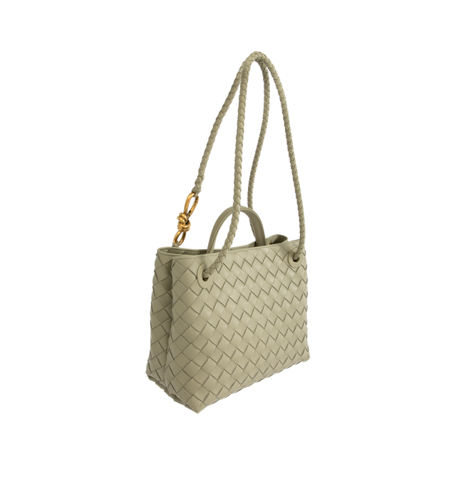 Image 2 of 4 - GREY - BOTTEGA VENETA Small Andiamo handbag featuring intrecciato leather with leather top handle, sliding cross-body strap, compartmented interior with one zippered pocket, two open pockets and magnetic closure. 7.9" x 9.8" x 3.9". 100% lambskin. Made in Italy. 