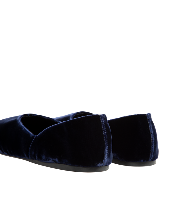 Image 3 of 4 - BLUE - Khaite Women's Velvet Flats are crafted from soft velvet textile and features a slipper-inspired silhouette, a rounded vamp, and a signature gold staple detail. Designed for everyday comfort, this refined flat is lined in suede and finished with a padded insole. Main Material: Textile. Lining: Leather. Insole: Padded.  