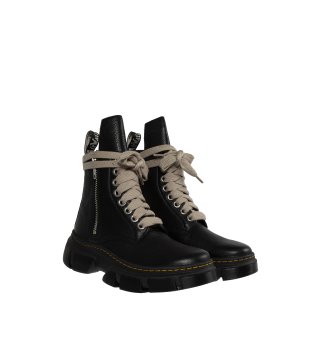 Image 2 of 4 - BLACK - DR. MARTENS X RICK OWENS 1460 DXML boot in black cow leather featuring exaggerated length pearl-tone laces and palladium finish hardware including eyelets  and side zipper, an extended geometric tounge and woven Dr. Martens Airware heel loop. 50% E.V.A + 50% Polivinilclorurol rubber sole with Dr. Martens yellow welt stitch. DXML outsole, an exaggerated interperetation of the classic Dr. Martens sole.  
