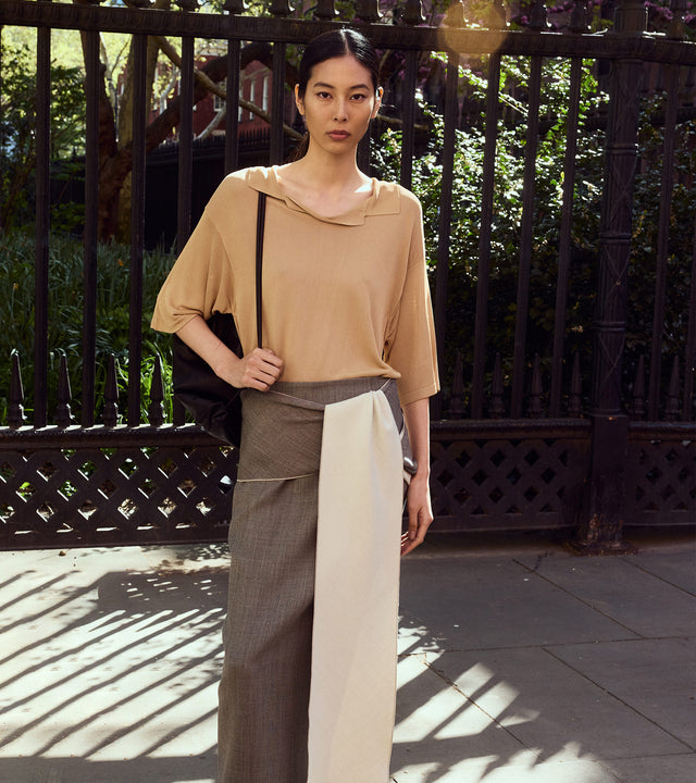 The row knit collared top and wool Laz skirt, all in neutral monochrome 