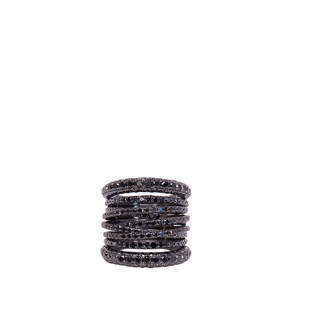 Image 1 of 4 - BLACK - SIDNEY GARBER Tall Scribble Ring: 18K White gold with Black Diamond (4.19.ct). The Tall Scribble Ring looks like a stack of crisscrossed bands but is actually one connected piece. It provides maximum wattage in one easy gesture. 18k White Gold  with Black Rhodium Black Diamonds Approximately .80 Inch.  