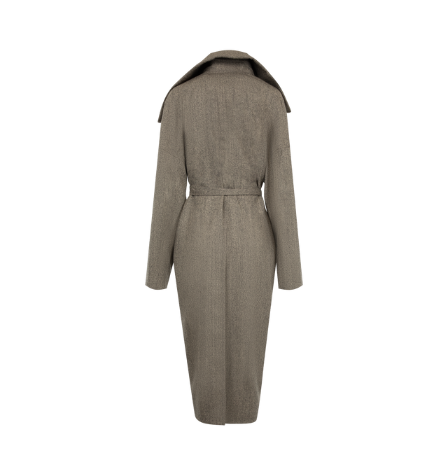 Image 2 of 3 - GREY - Rick Owens Women's Dracucollar Belted Coat is crafted from medium weight melange wool and features a below-knee silhouette with an extended draped collar and dropped shoulders. Designed with a wrap-front closure secured by an attached belt, the coat is finished with concealed forearm zip pockets, side seam pockets, a back slit, and internal zip pockets. Main Material: 100% wool. Lining: 100% cupro. 