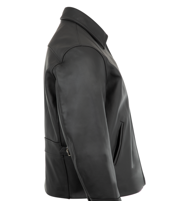 Image 3 of 3 - BLACK - Second Layer Rider Jacket in a relaxed, slouchy fit crafted from leather.  Featuring zip center front closure, zips at sleeve hem, cinches at each side, slash welted front pockets, welted phone pocket, Inside chest pocket, dropped shoulders. and cupro lining. Made in Italy. 