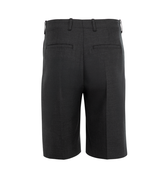 Image 2 of 3 - GREY - OUR LEGACY Borrowed Shorts featuring loose-fit, belt loops, four-pocket styling, zip fly, creased legs, darts at back and horn hardware. 100% wool. Lining: 100% cotton. Made in Portugal. 