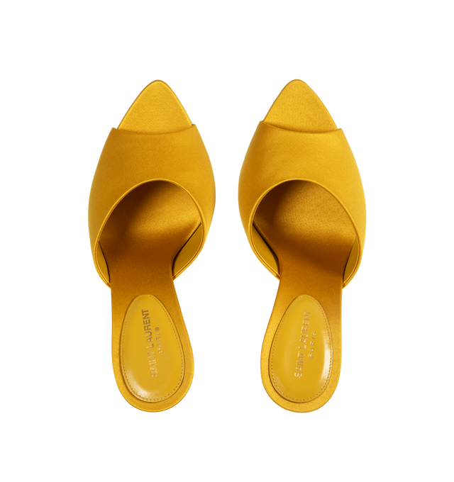 Image 4 of 5 - YELLOW - SAINT LAURENT Suite Mules in satin crepe with an almond peep toe, leather sole  and satin-covered flared 10.5cm heel. 100% polyester fabric. Made in Italy. 