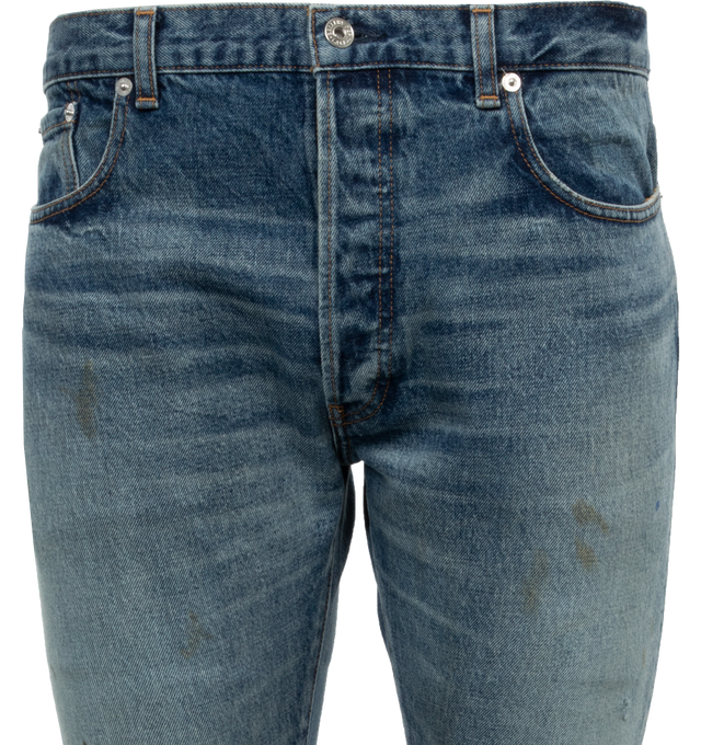 Image 3 of 3 - BLUE - GALLERY DEPT. 5001 Selvage Denim featuring straight-cut with a slightly slimmer leg, standard five-pocket design, distressed by hand as seen through the faded cuffs, darning below the knee, and reinforced rips throughout the leg. 100% cotton. 
