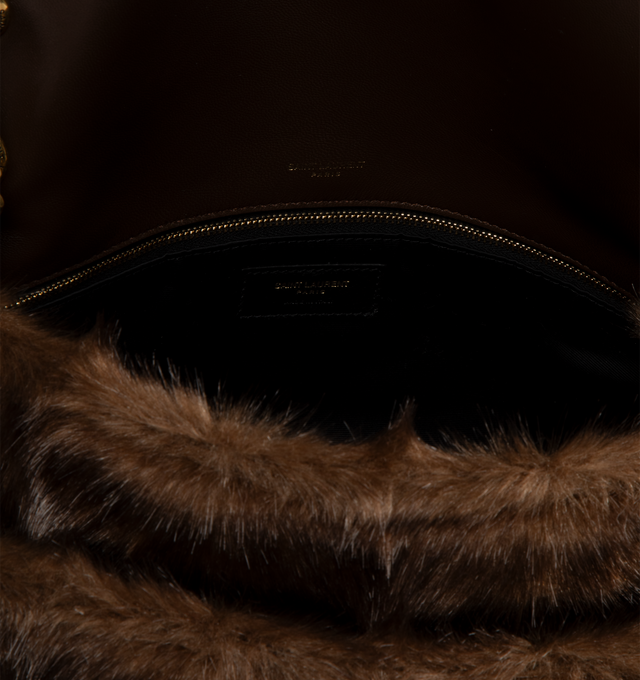 Image 4 of 4 - BROWN - Saint Laurent Niki Large Faux Fur Shoulder Bag has a flap top with a magnetic closure, a sliding chain and leather shoulder strap that can be doubled for hand carrying, and gold-toned hardware. 9.1 H x 12.6 W x 3.5 D inches. Made in Italy.  