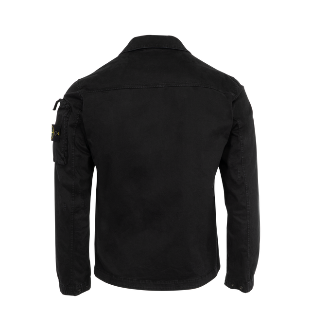 Image 2 of 3 - BLACK - Stone Island Stretch Broken Twill Overshirt has a spread collar, a zip front closure, side pockets, a zipper sleeve pocket, a brand logo badge, snaps at the cuffs, and a back yoke. 98% cotton, 2% elastane/spandex. Made in Romania.  