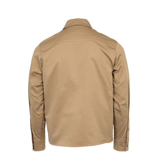 BROWN - MONCLER Zip Up Work Shirt featuring long sleeves, zip up front closure, collar, snap closure side pockets, snap closure chest flap pocket and logo. 
