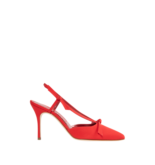 RED - MANOLO BLAHNIK CORNITA CREPE DE CHINE pointed toe mules featuring bow detailing and slingback design. Finished with 90mm stiletto high heel. Upper: 100% silk. Sole: 100% calf leather. Lining: 100% kid leather. Italian sizing. Made in Italy.
