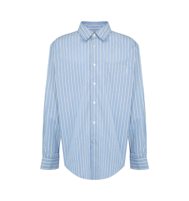 Image 1 of 2 - BLUE - Saint Laurent Mens Button-Down Shirt is crafted from cotton poplin. Features a button-front closure, pointed collar, chest pocket with embroidered Cassandre logo, two-button mitered cuffs with concealed one-button placket, and a curved hem. Main Material: Cotton. Made in Italy. 